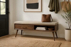 Mid‑Century Modern Entryway Upholstered Storage Bench - Choose Size