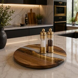 Walnut Wood Lazy Susan Turntable with White Epoxy Resin In-Stock