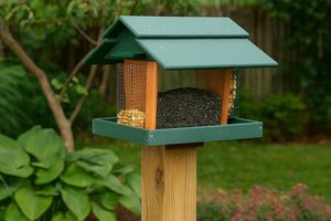 Recycled Poly Classic Deluxe Post Mount Hopper Bird Feeder with Split Peanut and Suet Holders
