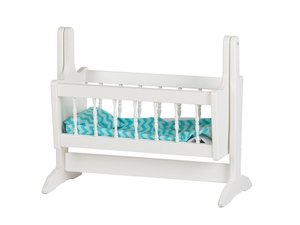 White Painted Wood Swinging Doll Cradle with Pink Bedding In-Stock