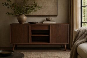 Hastingwood Mid-Century Modern Media Console with Sliding Doors