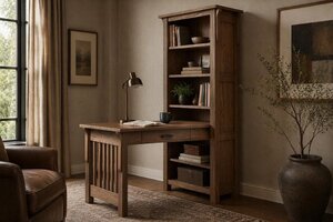 Churchill Mission Solid Wood Peninsula Desk with Attached Bookcase