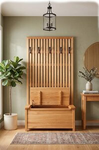 Solid Wood Slatted High Back Entryway Storage Bench