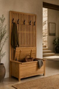 Solid Wood Slatted High Back Entryway Storage Bench