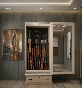 Handcrafted Hidden 10-Gun Storage Cabinet with Sliding Mirror Door