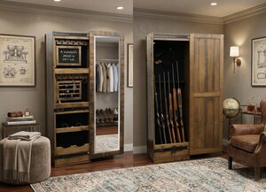 Rotating Jewelry Cabinet with Hidden Gun Storage Cabinet and Sliding Mirror Door