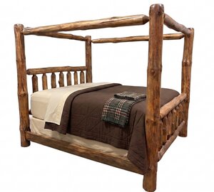 Outlet: Handcrafted Rustic Pine Log Canopy Bed King Size - In-Stock