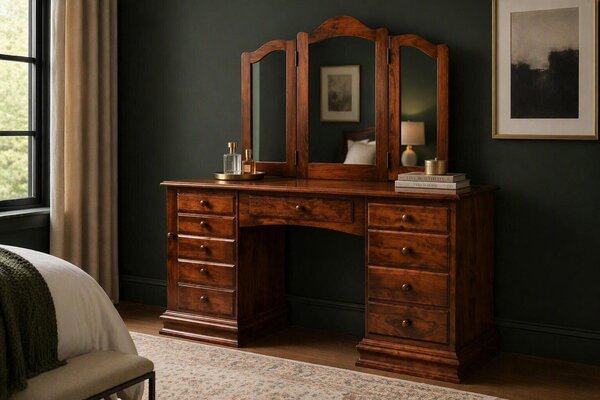 Bedroom Vanity Dressing Table with Tri-Fold Mirror and Jewelry Storage