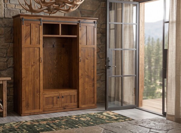 Wewoka Entryway Storage Furniture with Bench Seat with Barn Doors