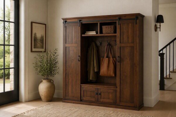 Wewoka Entryway Storage Furniture with Bench Seat with Barn Doors