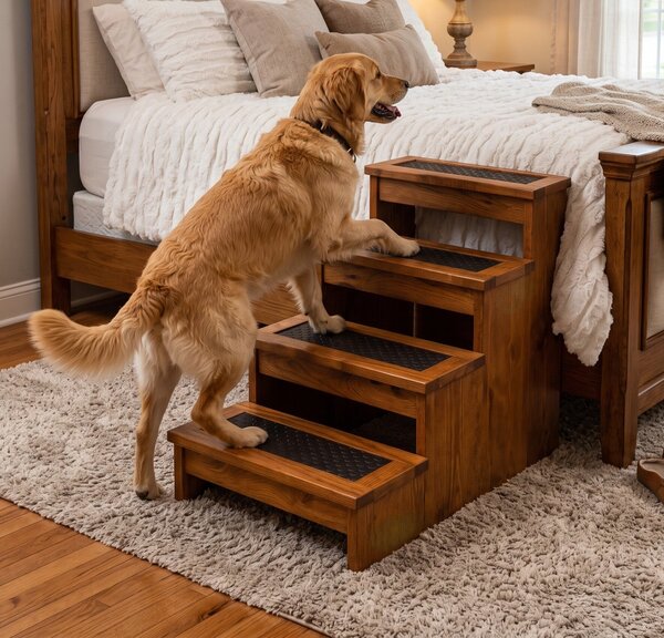 Solid Wood Dog Steps for Large Dogs | Wooden Pet Stairs for High Beds