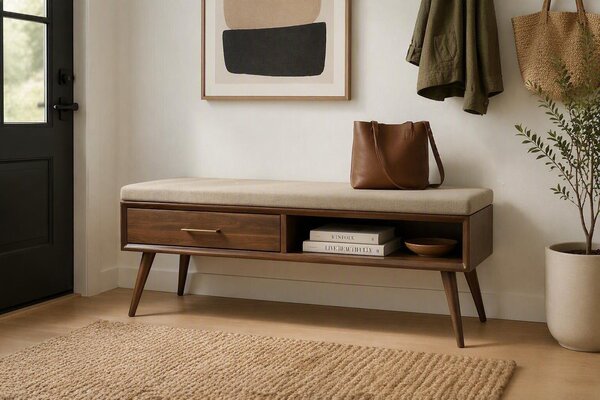 Mid‑Century Modern Entryway Upholstered Storage Bench - Choose Size