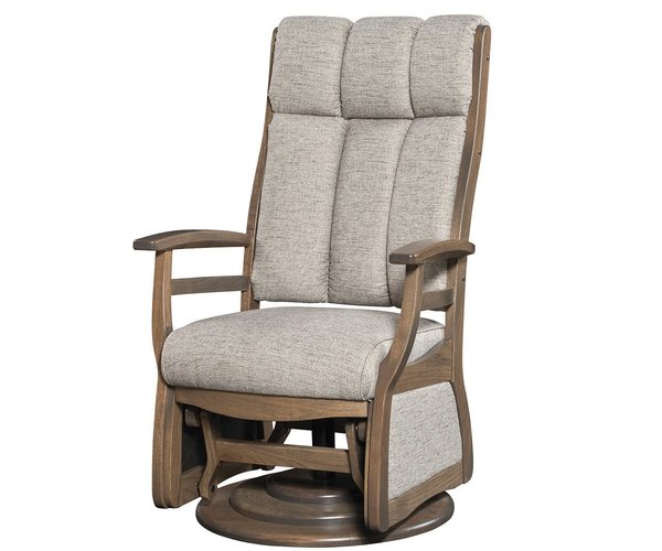 Amish Milo High Back Swivel Glider Chair shown in Oak with Smoke Stain and Callaway Fabric