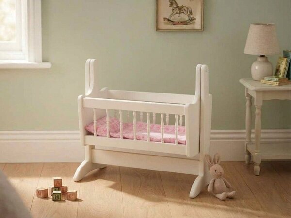 White Painted Wood Swinging Doll Cradle with Pink Bedding In-Stock