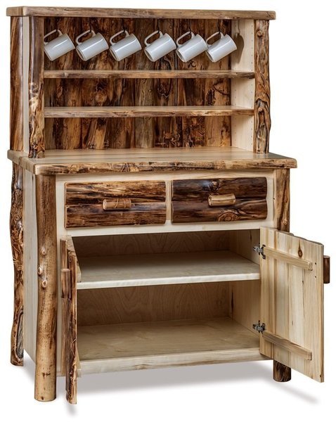 Amish Handcrafted Rustic Log Coffee Bar Cabinet with Hutch Top