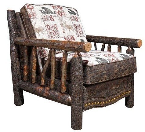Amish Handcrafted Luke Rustic Hickory Log Upholstered Lounge Chair with Almond Stain
