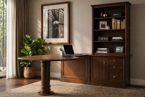 Rivenspire Traditional Peninsula Desk with Column Accents and Optional Bookcase Unit