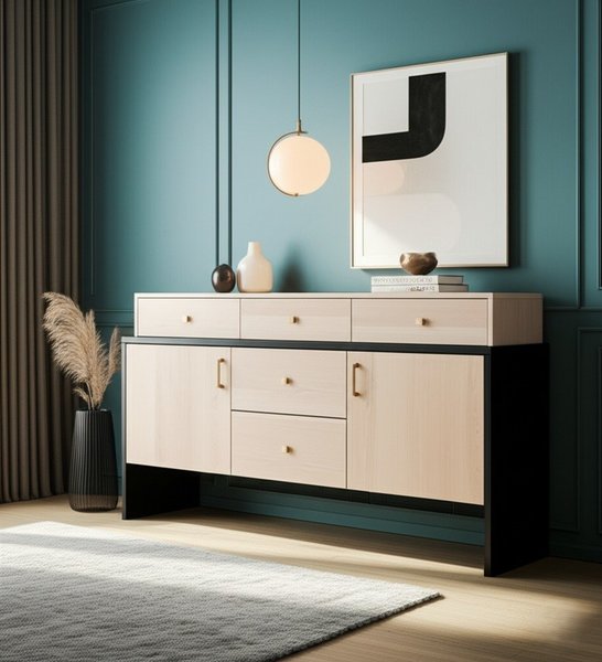 Amish Solid Wood Cascade Modern Credenza Cabinet with 5 Drawers 64" - 74" Width