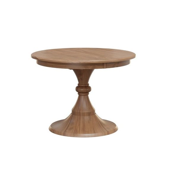 Amish Tangier Round Pedestal Dining Table with Hourglass Turned Pedestal Base shown in Brown Maple with Tundra Stain