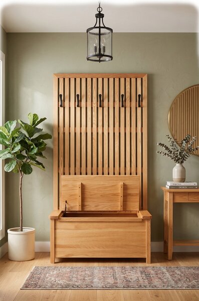 Solid Wood Slatted High Back Entryway Storage Bench