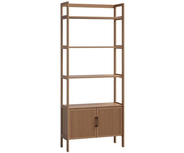 Amish 84 Tall Modern Harlow Open Shelf Bookcase with Doors Shown in Rustic Hickory with Sand Stain