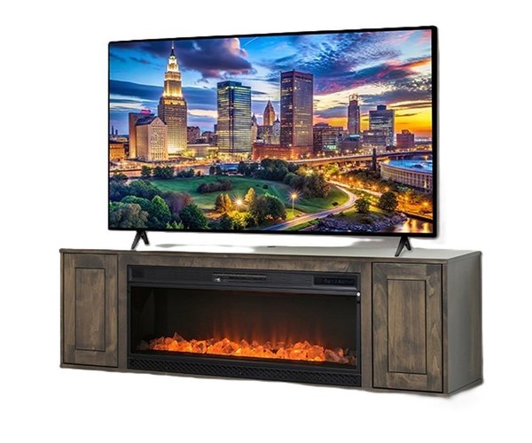Amish 70 Wide Felicity Floating TV Console with 42 Firebox shown in Brown Maple with Smoke Stain