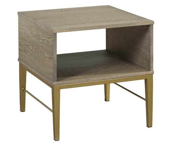 Amish 24 Square Open Cascade End Table shown in Flat Sawn White Oak with Morel Gray Stain and Sungold Metal Base