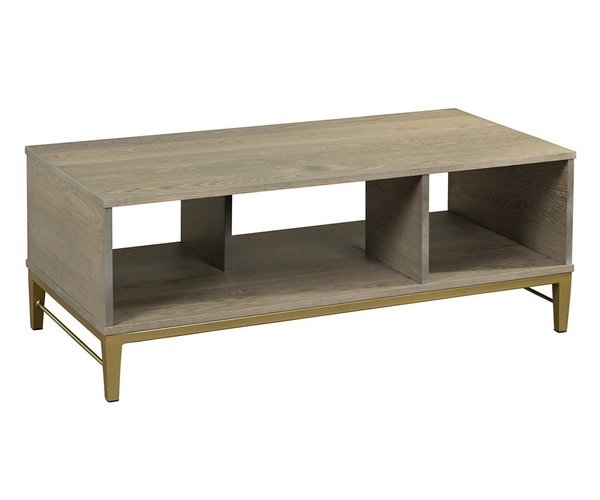 Amish 48 Wide Cascade Coffee Table shown in Flat Sawn White Oak with Morel Gray Stain and Sungold Metal Base