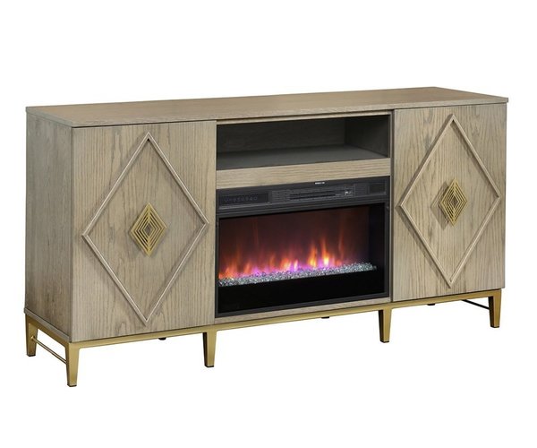 Amish Cascade TV Stand with Firebox shown in Flat Sawn White Oak with Morel Grey Stain and Gold Metal Base