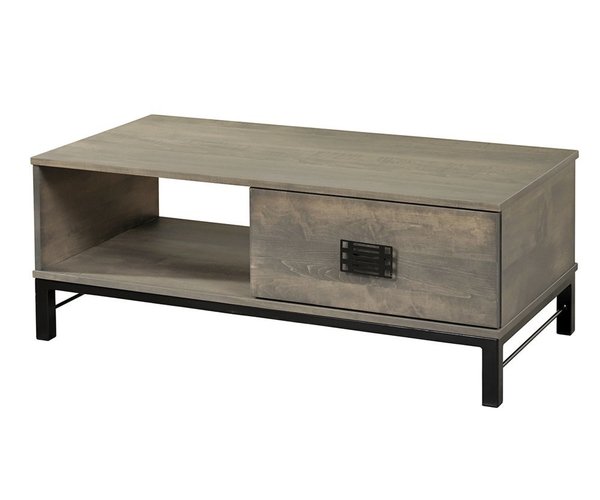 Amish 48 Wide Naples Coffee Table shown in Brown Maple with Smoke Stain and Black Metal Base