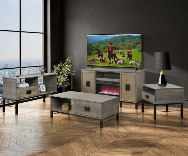 Amish Naples Living Room 4-Piece Set shown in Brown Maple with Smoke Stain and Black Metal Base