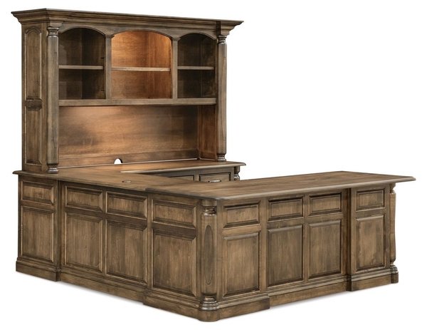 Amish Handcrafted Winston Wrap Around Desk with Optional Hutch Top shown in Brown Maple with Summit Courtland Stain