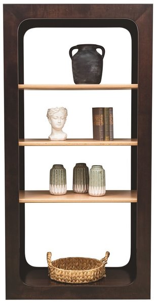 Amish Aria Modern Open Bookcase shown in Brown Maple with Onyx Stain, Shelves in Oak with Bamboo Stain
