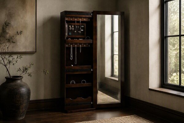 Handcrafted Swivel Jewelry Cabinet with Shoe Storage Armoire