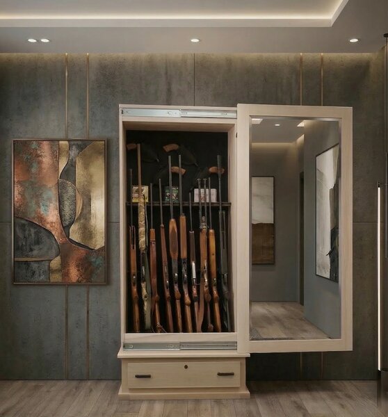 Handcrafted Hidden 10-Gun Storage Cabinet with Sliding Mirror Door