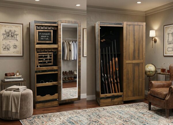 Rotating Jewelry Cabinet with Hidden Gun Storage Cabinet and Sliding Mirror Door