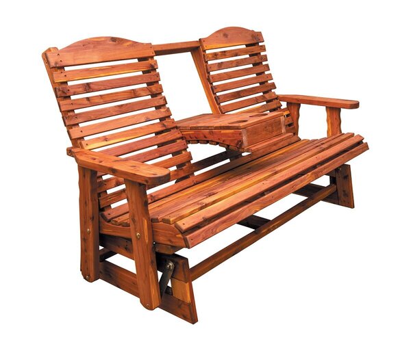 Cedar Wood Slat Back Glider Bench with Fold-Down Console
