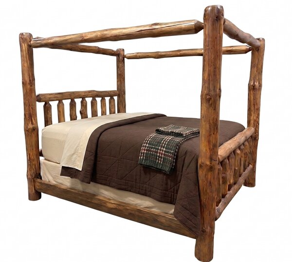 Outlet: Handcrafted Rustic Pine Log Canopy Bed King Size - In-Stock