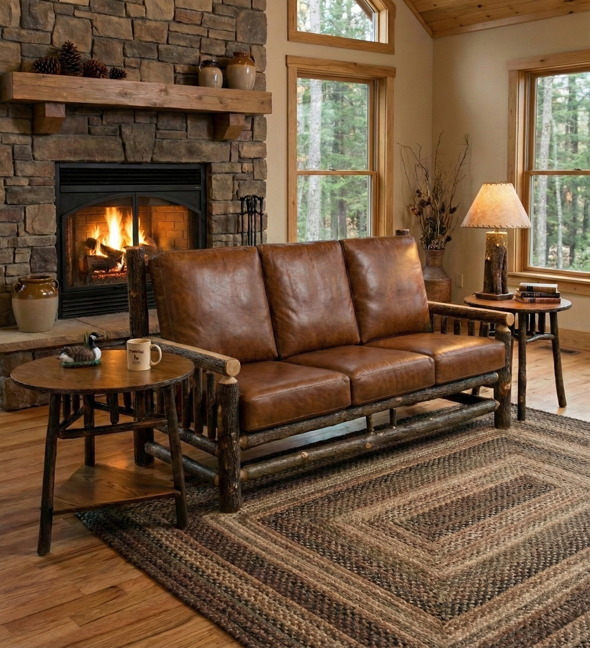 Rustic Hickory Log Sofa with Plush Cushions | DutchCrafters