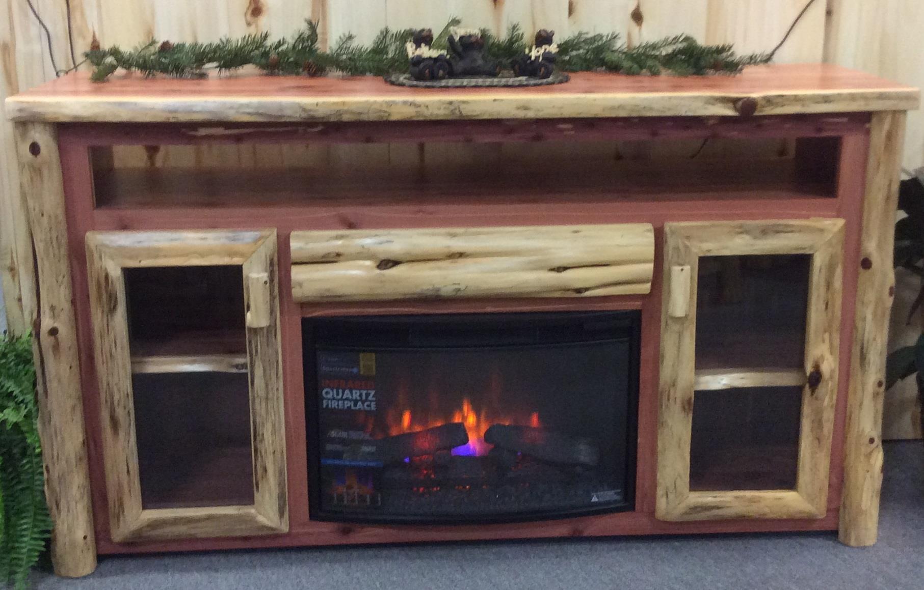 Rustic Log Tv Cabinet With Electric Fireplace From Dutchcrafters