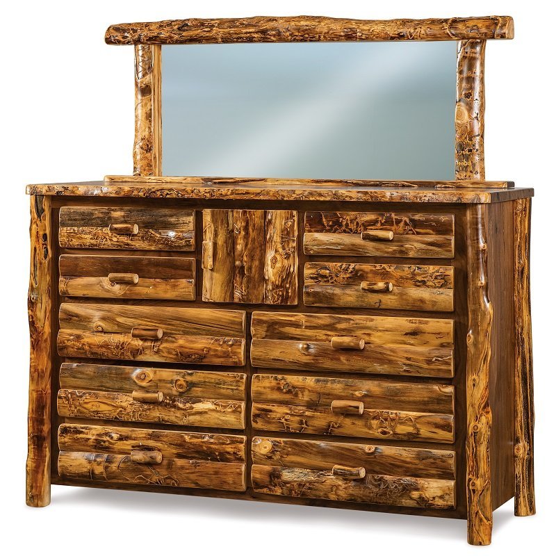 Quick-Ship Log Dresser wtih 10 Drawers, Cabinet & Mirror |