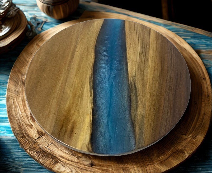 Amish Walnut Lazy Susan with Blue Epoxy – Unique Serving Tray