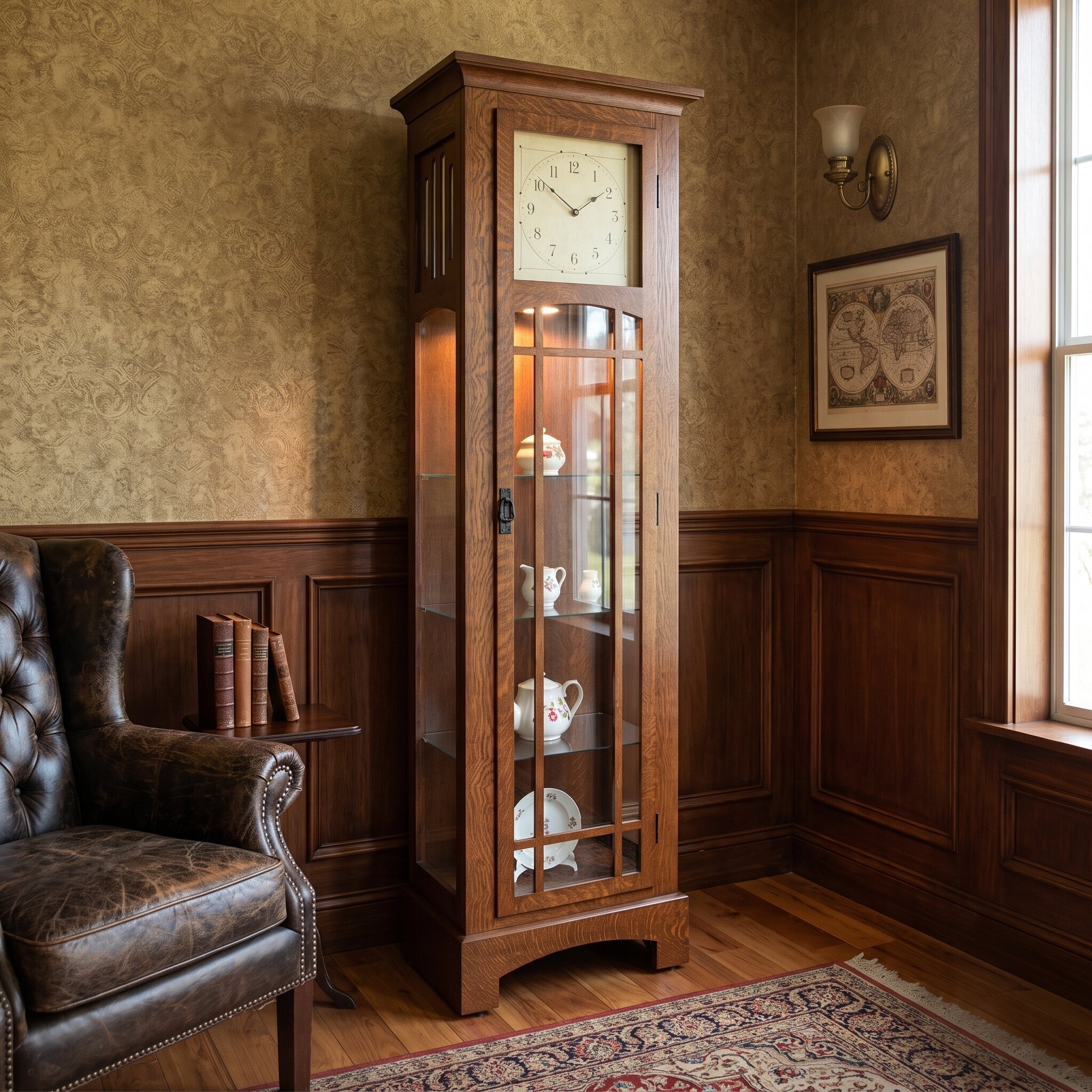 Solid Wood Mission Style Grandfather Curio Clock | Amish Handcrafted