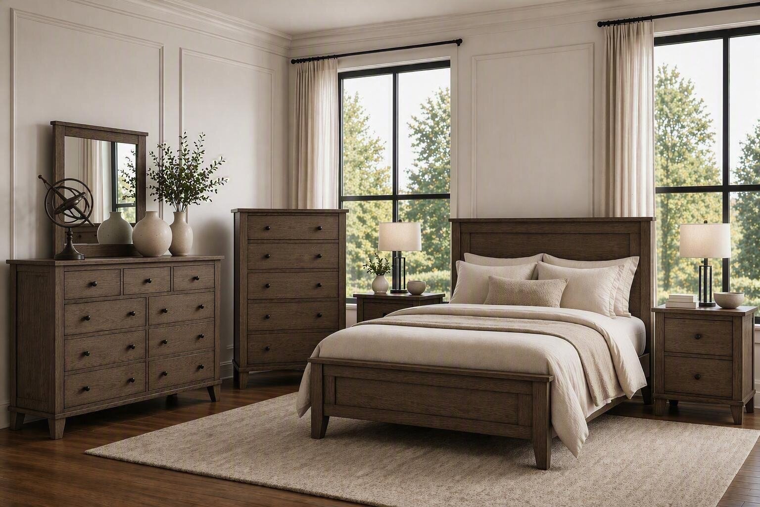 bedroom dresser sets Furniture of America Riverstone 5-Piece Mid Century Walnut Wood Queen Platform Set with 2 Nightstands and Dresser/Mirror IDF7222WN-Q-NDM A beveled mirror completes the look Black Gold Finish Modern Style