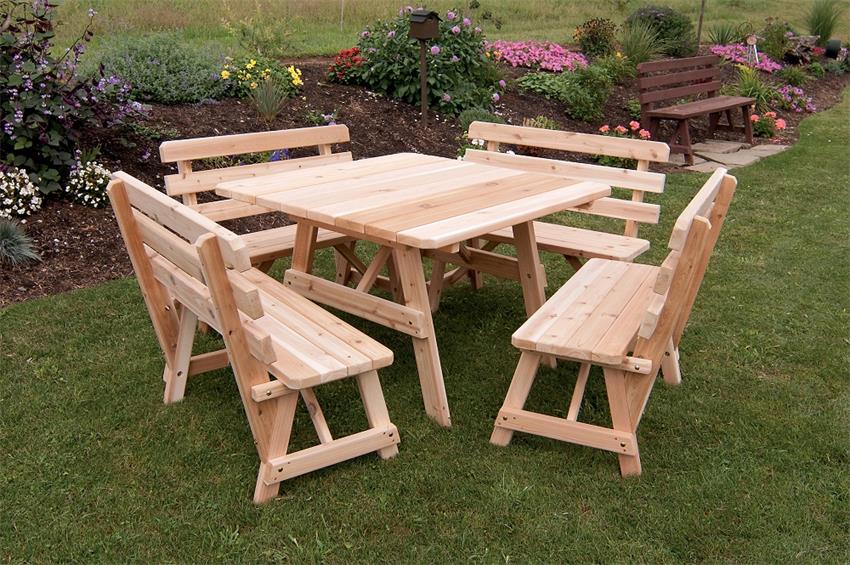 Amish Cedar Wood Square Table With Backed Benches From Dutchcrafters Amish Cedar Wood Square Table With Backed Benches